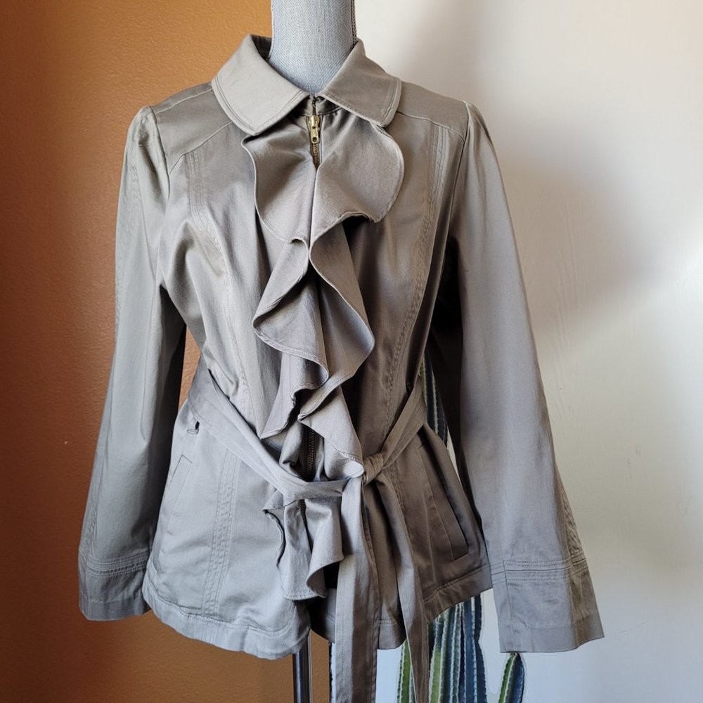 Elle Beige Ruffle Front Cape Jacket - Picture 4 of 14
